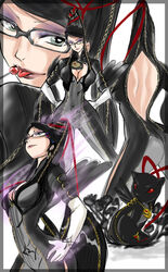  amulet back backless_outfit bayonetta bayonetta_(series) bayonetta_1 blossomppg bodysuit breasts candy cleavage commentary_request eyeshadow feline female food glasses gun hand_on_own_hip hands_on_own_hips jewelry large_breasts lollipop long_hair makeup sketch skin_tight tongue weapon 