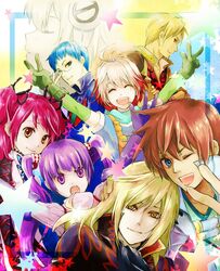  3girls 5boys asbel_lhant blonde_hair blue_eyes blue_hair brothers brown_eyes brown_hair cheria_barnes commentary_request glasses highres hubert_ozwell lambda_(tales) malik_caesars multicolored_hair multiple_boys multiple_girls one_eye_closed pascal_(tales) photoshop_(medium) pink_hair purple_eyes purple_hair red_hair richard_(tales) siblings sophie_(tales) takamizawa_takumi tales_of_(series) tales_of_graces twintails two-tone_hair two_side_up v white_hair yellow_eyes 