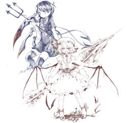  2girls bat_wings fangs hat houjuu_nue monochrome multiple_girls multiple_monochrome polearm remilia_scarlet shiina_aya short_hair simple_background snake spear spear_the_gungnir thighhighs touhou trident weapon white_background wings 