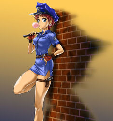  against_wall baton_(weapon) blowing_bubbles brick brick_wall chewing_gum cosplay earrings female fingerless_gloves fujisaki_mana gloves gun hajime_(caramel_toone) handgun holster jewelry leg_lift onegai_my_melody pencil_skirt police police_uniform policewoman red_hair running_bond sanrio short_hair skindentation skirt solo standing thigh_holster thigh_strap uniform wall weapon 