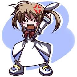  angry bow brown_hair chibi dress female fictional_sister hairbow lowres lyrical_nanoha mahou_shoujo_lyrical_nanoha solo takamachi_nanoha twintails 