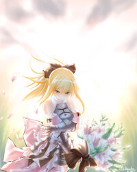  armor armored_dress artoria_pendragon_(fate) blonde_hair bouquet commentary_request dress fate/stay_night fate/unlimited_codes fate_(series) female flower green_eyes highres holding holding_bouquet lily_(flower) name_connection object_namesake photoshop_(medium) ponytail ribbon saber_lily sky solo white_flower white_lily ysrandy 