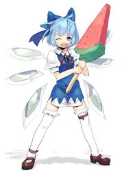  blue_bow blue_eyes blue_hair bow cirno commentary_request female food frilled_thighhighs frills fruit hairbow mary_janes one_eye_closed popsicle s.o_chin shoes short_hair smile solo thigh_strap thighhighs touhou watermelon watermelon_bar white_thighhighs 