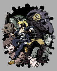  2girls 4boys aikawa_(dorohedoro) blonde_hair blue_eyes caiman_(dorohedoro) commentary_request dorohedoro fighting_stance fingerless_gloves gloves k_kumahachi kawajiri lizard mask multiple_boys multiple_girls nikaidou_(dorohedoro) open_mouth risu_(dorohedoro) sharp_teeth shoes simple_background smile sneakers tattoo teeth yakumo_(dorohedoro) 