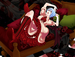  bad_id bad_pixiv_id bat_wings blood blue_hair boots cross-laced_footwear female flower lace-up_boots pochiharu red_eyes remilia_scarlet rose short_hair solo touhou wings 