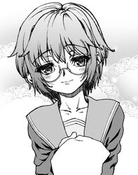  cardigan commentary_request female glasses greyscale kita_high_school_uniform monochrome nagato_yuki photoshop_(medium) school_uniform serafuku short_hair solo suzumiya_haruhi_no_shoushitsu suzumiya_haruhi_no_yuuutsu urabe_katsuto winter_uniform 