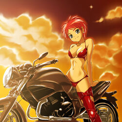  bikini female fujisaki_mana hajime_(caramel_toone) motor_vehicle motorcycle onegai_my_melody red_bikini red_hair sanrio short_hair solo swimsuit thighhighs 