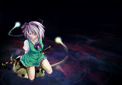  bad_id bad_pixiv_id blue_eyes female ghost glowing hairband hitodama konpaku_youmu pochiharu ribbon short_hair sitting sitting_on_object skull soaking_feet solo sword touhou water weapon white_hair 