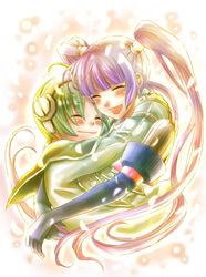  1boy a-i-red bad_id bad_pixiv_id female green_hair hug lambda_(tales) purple_hair smile sophie_(tales) tales_of_(series) tales_of_graces twintails 