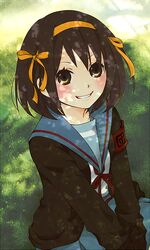  bad_id bad_pixiv_id blue_sailor_collar blue_skirt brown_cardigan brown_eyes brown_hair cardigan female hair_ribbon hairband kita_high_school_uniform moffunnyo open_cardigan open_clothes orange_hairband red_ribbon ribbon sailor_collar school_uniform serafuku skirt smile solo suzumiya_haruhi suzumiya_haruhi_no_yuuutsu winter_uniform 