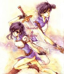  1boy armor black_hair brother_and_sister commentary_request female fingerless_gloves fire_emblem fire_emblem:_genealogy_of_the_holy_war gloves larcei_(fire_emblem) mochineko purple_eyes scathach_(fire_emblem) short_hair siblings skirt sword weapon 