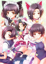  animal_ears bell black_hair blush brown_eyes cat_ears collar commentary_request competition_school_swimsuit female hairband kashi kobayakawa_rinko love_plus magical_girl maid multiple_persona neck_bell one-piece_swimsuit school_swimsuit school_uniform short_hair skirt swimsuit thighhighs twintails 