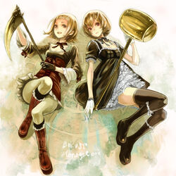  2girls akari_(bokujou_monogatari) bad_id bad_pixiv_id bokujou_monogatari bokujou_monogatari:_waku_waku_animal_march bokujou_monogatari:_yasuragi_no_ki boots brown_eyes brown_hair commentary_request dress gloves hammer hikari_(bokujou_monogatari) legs lips lolita_fashion lying multiple_girls ribbon routemoc short_hair sickle thighhighs 