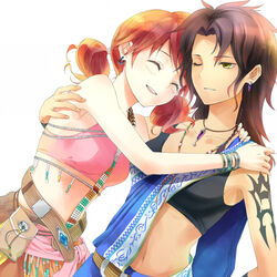  2girls bad_id bad_pixiv_id black_hair closed_eyes crop_top earrings final_fantasy final_fantasy_xiii hug jewelry midriff multiple_girls navel necklace oerba_dia_vanille oerba_yun_fang one_eye_closed orange_hair short_twintails smile twintails waxwa yellow_eyes 