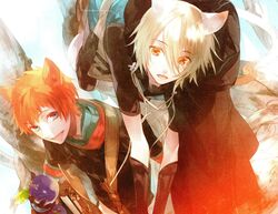  2boys absurdres animal_ears highres kazuaki konoe_(lamento) lamento male_focus multiple_boys tokino_(lamento) white_hair 