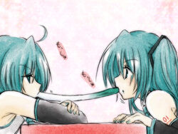  1boy blush commentary_request dual_persona female genderswap_(ftm) hatsune_miku hatsune_mikuo headphones long_hair palpil rule_63 short_hair spring_onion vocaloid 