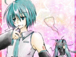  1boy blush commentary_request dual_persona female genderswap_(ftm) hatsune_miku hatsune_mikuo headphones long_hair palpil rule_63 short_hair twintails vocaloid 