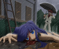  1boy bad_anatomy bad_end blood blood_on_face commentary_request death defeat duct_tape empty_eyes end_of_the_golden_witch fallen_down female formal furudo_erika ladder lying necktie on_stomach panties photoshop_(medium) pool_of_blood rain tape turn_pale twintails umbrella umineko_no_naku_koro_ni underwear ushiromiya_battler yasutake 