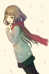  blunt_bangs brown_eyes brown_hair cherry_blossoms chitosezaka_suzu commentary_request enpera female pantyhose petals sayoko_(sayonara_memories) sayonara_memories_(supercell) scarf skirt solo supercell_(band) sweater 