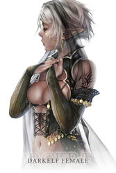  breasts bridal_gauntlets cleavage dark-skinned_female dark_elf dark_skin elf fantasy female hage2013 highres lineage medium_breasts navel player_character_(lineage) pointy_ears short_hair solo tattoo veil white_hair 