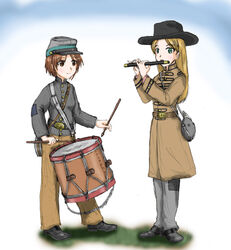  2girls american_civil_war belt blonde_hair brown_hair canteen commentary_request confederate_states_of_america drum ernest fife_(instrument) flute hat instrument long_hair military military_uniform multiple_girls original photoshop_(medium) short_hair transverse_flute uniform war 