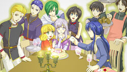  3girls 6+boys birthday black_hair blonde_hair blush brother_and_sister cake circlet commentary_request diarmuid_(fire_emblem) fingerless_gloves fire_emblem fire_emblem:_genealogy_of_the_holy_war food glass gloves green_eyes grey_eyes julia_(fire_emblem) lana_(fire_emblem) larcei_(fire_emblem) lester_(fire_emblem) lewyn_(fire_emblem) light_purple_hair long_hair multiple_boys multiple_girls musakoji oifey_(fire_emblem) open_mouth painttool_sai_(medium) pastry purple_eyes scathach_(fire_emblem) seliph_(fire_emblem) short_hair siblings smile surprised tears 