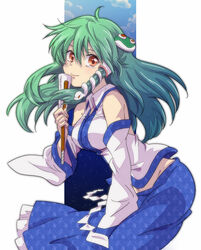  commentary_request detached_sleeves female frog green_hair hair_ornament kochiya_sanae leaning_forward long_hair mattie midriff red_eyes snake solo touhou 