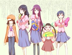  5girls bakemonogatari box commentary_request gift green_ribbons hachikuji_mayoi hair_ribbon hana_azuki hanekawa_tsubasa heart-shaped_box highres holding holding_gift incoming_gift juliet_sleeves kanbaru_suruga long_sleeves monogatari_(series) multiple_girls naoetsu_high_school_uniform nekomonogatari puffy_sleeves ribbon school_uniform sengoku_nadeko senjougahara_hitagi valentine wall_of_text 