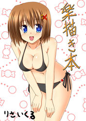  bikini black_bikini blue_eyes breasts brown_hair cleavage commentary_request female hair_ornament highres lask leaning_forward lyrical_nanoha mahou_shoujo_lyrical_nanoha_strikers medium_breasts short_hair solo swimsuit translation_request x_hair_ornament yagami_hayate 