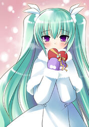  aqua_hair blush box chocolate coat ezekiel_(osananajimi_wa_daitouryou) female fur_coat gift gloves hair_ornament heart heart-shaped_box holding holding_gift long_hair osananajimi_wa_daitouryou purple_eyes ribbon solo twintails two_side_up valentine very_long_hair 