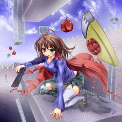  apple belt breasts brown_hair cape cherry cleavage commentary_request female floating food fruit genderswap_(mtf) gun half-closed_eye i_wanna_be_the_guy medium_breasts monikano platform purple_eyes rule_63 save_point solo spikes tears the_kid thighhighs torn_clothes uneven_eyes weapon 