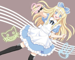  alice_(alice_in_wonderland) alice_in_wonderland apron bad_id bad_pixiv_id black_thighhighs blonde_hair blue_eyes blush bow cameo cheshire_cat_(alice_in_wonderland) female hairbow heart kuro_(chrono) lolita_fashion long_hair open_mouth pen smile solo sweet_lolita thighhighs white_rabbit_(alice_in_wonderland) zettai_ryouiki 