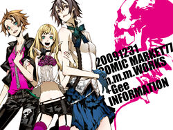  3girls angel_wings bare_shoulders black_eyes black_hair blonde_hair blue_eyes bow brown_hair crop_top dogs:_bullets_&amp;_carnage fashion flower fuyumine_naoto garter_belt gloves long_hair midriff mimi_(dogs) miwa_shirow multiple_girls nail_polish nill_(dogs) photoshop_(medium) pink_nails purple_thighhighs short_hair shorts thighhighs wings 