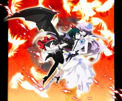  2girls black_choker bob_cut bow brooch choker commentary_request cure_moonlight dark_precure eye_contact gloves green_hair hair_ornament heart heart_brooch heartcatch_precure! jewelry kano_ko looking_at_another magical_girl multiple_girls orange_background panties precure purple_hair tsukikage_yuri underwear waist_bow wings 