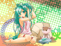  adjusting_hair aqua_eyes aqua_hair bare_shoulders barefoot breasts colored_eyelashes commentary_request eyelashes female folded_clothes hairdressing hatsune_miku highres junji legs long_hair messy_hair mouth_hold pillow ribbon shirt sideboob sitting sleepwear sleeveless sleeveless_shirt solo stuffed_animal stuffed_toy teddy_bear very_long_hair vocaloid wariza 