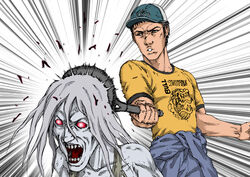  1boy back baseball_cap clothes_writing commentary_request ellis_(left_4_dead) emphasis_lines female frying_pan harahachibu_ajinosuke hat left_4_dead left_4_dead_2 punching red_eyes shirt short_sleeves simple_background t-shirt white_background witch_(left_4_dead) 