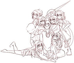  1boy 6+girls bad_id bad_pixiv_id cheerleader harem kita_high_school_uniform kouyouen_academy_school_uniform kyon long_hair monochrome multiple_girls multiple_persona official_alternate_hair_length official_alternate_hairstyle photoshop_(medium) pokurouta purple_theme school_uniform serafuku short_hair simple_background straight superheroine_haruhi suzumiya_haruhi suzumiya_haruhi_(young) suzumiya_haruhi_no_shoushitsu suzumiya_haruhi_no_tomadoi suzumiya_haruhi_no_yuuutsu warrior white_background winter_uniform 