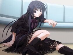  ahoge arm_support belt blue_eyes blue_hair boots bow bowtie couch dress ever_17 female game_cg goth_fashion high_heels komachi_tsugumi lace long_hair lowres on_floor scar shoes sitting solo takigawa_yuu very_long_hair 