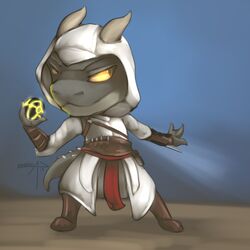  1:1 altair_ibn-la&#039;ahad anthro assassin&#039;s_creed avoid_posting chibi digital_media_(artwork) draekos dragon hybrid low_res male mythological_creature mythological_scalie mythology reptile scalie snake solo standing ubisoft 