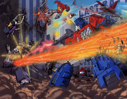  1980s_(style) absurdres autobot battle blaster_(transformers) bombshell_(transformers) city damaged decepticon gun handgun highres insecticon ironhide mecha megatron naka_morifumi no_humans non-humanoid_robot optimus_prime powerglide_(transformers) retro_artstyle rifle robot ruins scan science_fiction shrapnel_(transformers) starscream traditional_media transformers transformers:_generation_1 walther walther_p38 weapon 