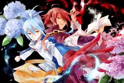  2boys ahoge bag blue_eyes blue_hair book commentary_request flower glasses heterochromia jacket klug_(puyopuyo) magic male_focus multiple_boys outstretched_hand puyopuyo puyopuyo_fever red_eyes red_hair sig_(puyopuyo) strange_klug tekuc 