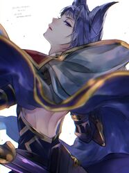  1boy backless_outfit blue_eyes blue_hair cape commentary_request erune expressionless feower_(granblue_fantasy) granblue_fantasy highres hood looking_back sheath short_hair toboso_yana twitter_username white_background 