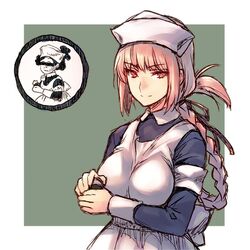  apron braid censored commentary_request cosplay dress fate/grand_order fate_(series) female florence_nightingale_(fate) hat identity_censor little_nurse little_nurse_(cosplay) long_hair looking_at_viewer mentholatum nurse nurse_cap pink_hair red_eyes round_image simple_background smile wanko_(takohati8) 