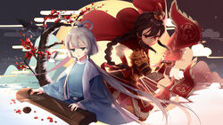  2girls :o animal arm_guards armor bird black_hair boat braid censer chinese_clothes closed_mouth commentary_request egasumi faulds flag flat_chest full_moon green_eyes grey_hair guan_hat guzheng hair_rings hair_tubes half-closed_eyes highres holding holding_sword holding_weapon instrument kyuri_tizu long_hair long_sleeves looking_at_viewer luo_tianyi moon multiple_girls music pauldrons petals playing_instrument red_eyes sad sash sheath shoulder_armor sidelocks single_braid smile smoke swallow_(bird) sword tree twintails unsheathing very_long_hair vocaloid vsinger water watercraft weapon wide_sleeves xiao_guan_(headdress) yuanlingshan yuezheng_ling zither 