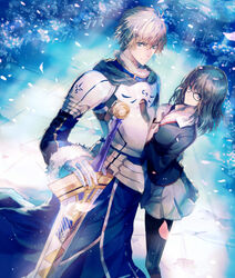  1boy armor arthur_pendragon_(fate) black_pantyhose blonde_hair blue_eyes breastplate brown_hair closed_mouth commentary_request excalibur_(fate/prototype) fate/prototype fate_(series) female flower gauntlets glasses green_eyes hood light_rays looking_at_viewer miniskirt nakiha pantyhose pauldrons petals planted planted_sword pleated_skirt sajou_ayaka_(fate/prototype) school_uniform sheath sheathed short_hair shoulder_armor skirt sunbeam sunlight sword weapon 