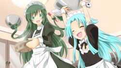  2girls ^_^ apron aqua_eyes aqua_hair arms_behind_back bowl closed_eyes commentary_request cooking_pot crossover green_hair haiyore!_nyaruko-san long_hair maid maid_headdress multiple_girls open_mouth oven_mitts personification prehensile_hair shantak_(nyaruko-san) smile tekeli uchi_no_maid_wa_futeikei yuto_(dialique) 