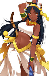  aiba-tsukiko animal_ears bastet_(p&amp;d) black_hair cat_ears cat_tail commentary_request dark-skinned_female dark_skin egyptian female fusion headband highres isis_(p&amp;d) jewelry midriff navel photoshop_(medium) puzzle_&amp;_dragons red_eyes solo staff tail 