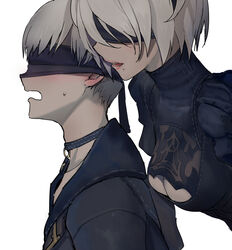  1boy 2b_(nier:automata) 9s_(nier:automata) black_blindfold blindfold blonde_hair blush breast_press breasts breasts_on_another&#039;s_back choker cleavage cleavage_cutout clothing_cutout commentary_request covered_eyes dress female frilled_dress frills from_side hairband high_collar jacket leaning_in lipstick makeup medium_breasts mole mole_under_mouth nier:automata nier_(series) open_mouth shirt short_hair simple_background sweat sweatdrop upper_body walzrj whispering white_background 