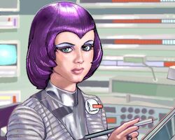  1960s_(style) 1970s_(style) bob_cut commentary_request female gay_ellis green_eyes indoors jewelry looking_at_viewer lowres machinery makeup matagitii military oekaki outpost partial_commentary pen purple_hair realistic retro_artstyle ring science_fiction screen shado ufo_(copyright) uniform widow&#039;s_peak 