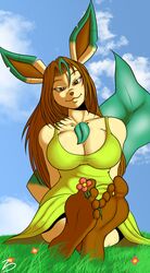  4_toes anthro anthrofied barefoot between_toes big_breasts big_ears biped breasts brown_eyes brown_feet brown_hair canid canine cleavage clothed clothing cloud conditional_dnp crossed_ankles digital_media_(artwork) dress eeveelution elemental_creature fan_character feet female flora_fauna flower flower_between_toes foot_focus generation_4_pokemon grass green_clothing green_dress hair hi_res humanoid_feet leaf leafeon lily_(zp92) long_hair looking_at_viewer mammal nintendo outside plant plantigrade pokemon pokemon_(species) pokemorph sitting sky smile smiling_at_viewer soles solo toes zp92 